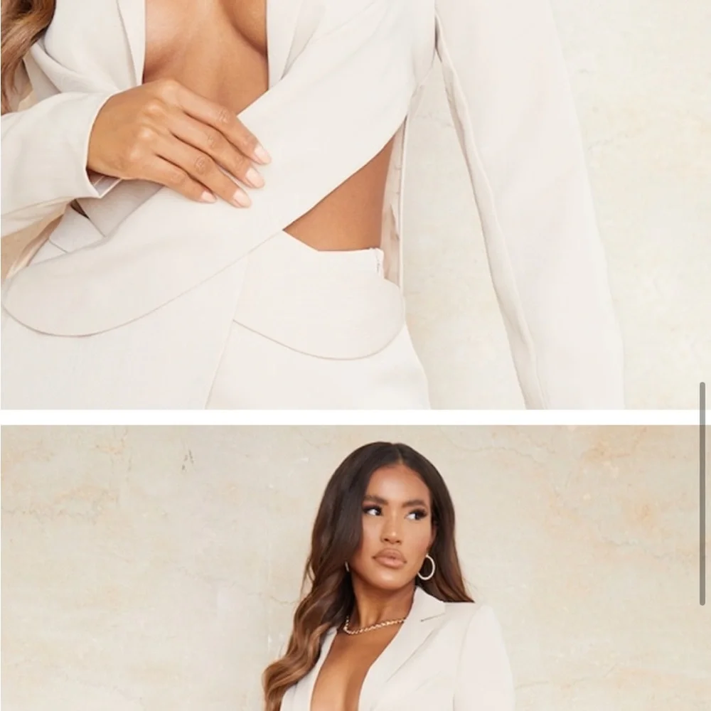 PRETTY LITTLE THING Stone Woven Tailored Cut Out Waist Wrap Over Blazer size 12 - Picture 3 of 5